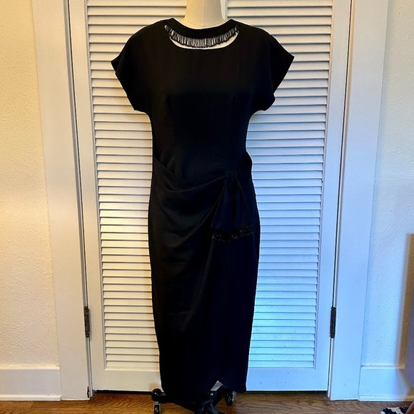 VINTAGE 1990s NICOLE ELIZABETH BLACK MIDI DRESS WITH BLACK BEAD DETAIL. SZ 9/10 - Picture 1 of 9